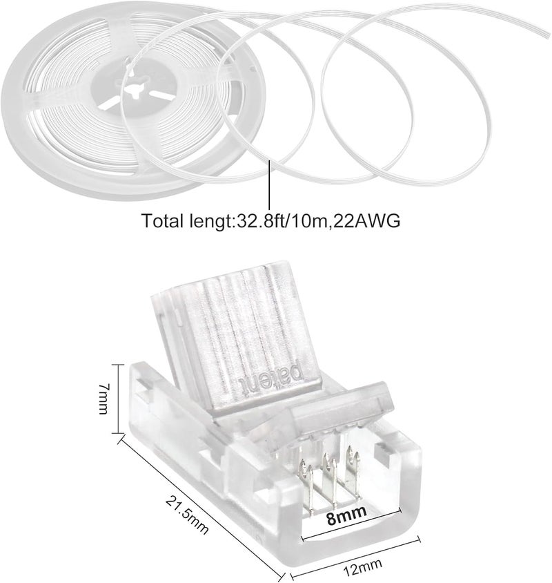 RGBZONE 10Pcs 8mm 4 Pin LED Strip Connectors and 32.8ft 4 Pin RGB Extension Cable Strip to Wire Quick Connection for Waterproof or Non-Waterproof 8mm Wide SMD RGB 5050 LED Strip Lights(IP20/IP65) - Image 2